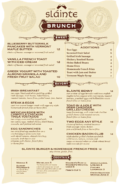 slainte_brunchmenu Weekend Brunch menu at Slainte NYC